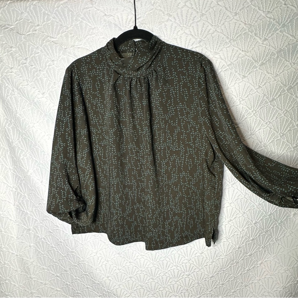 Target Olive Patterned Blouse High Collar Ruched Sleeve